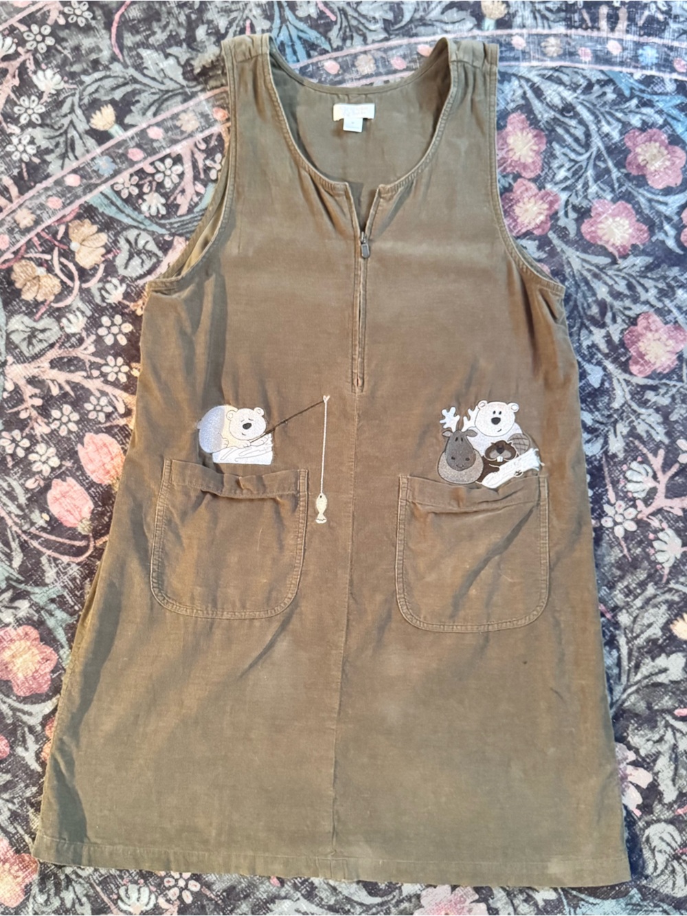 Olive Green Corduroy Pocket Dress with Animal Patches
